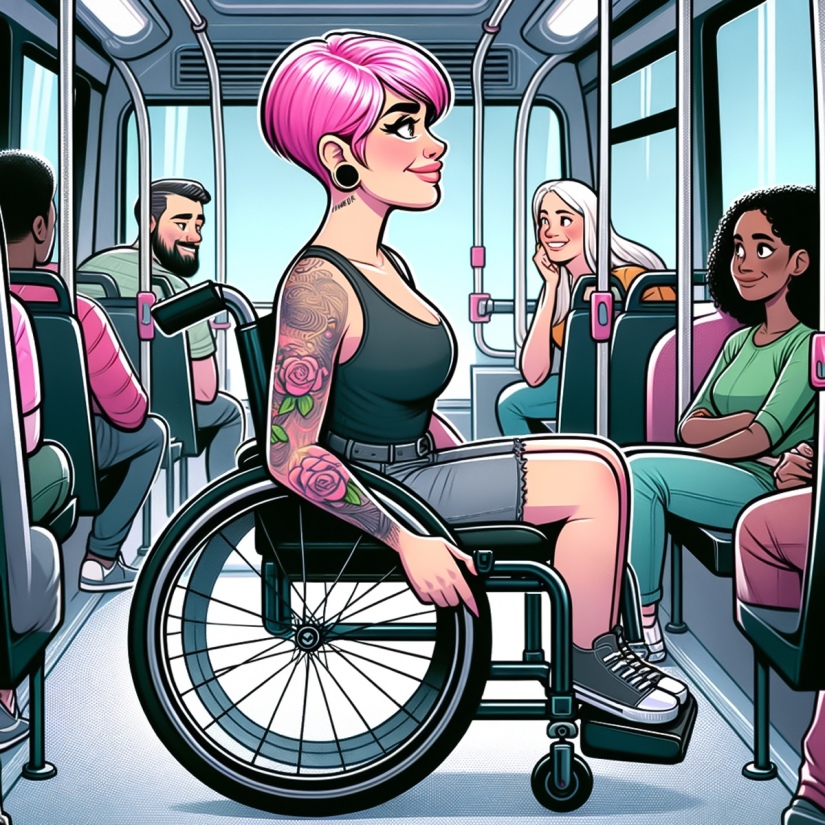 Pyörätuolissa istuva vammainen nainen on bussissa muiden matkustajien keskellä.
