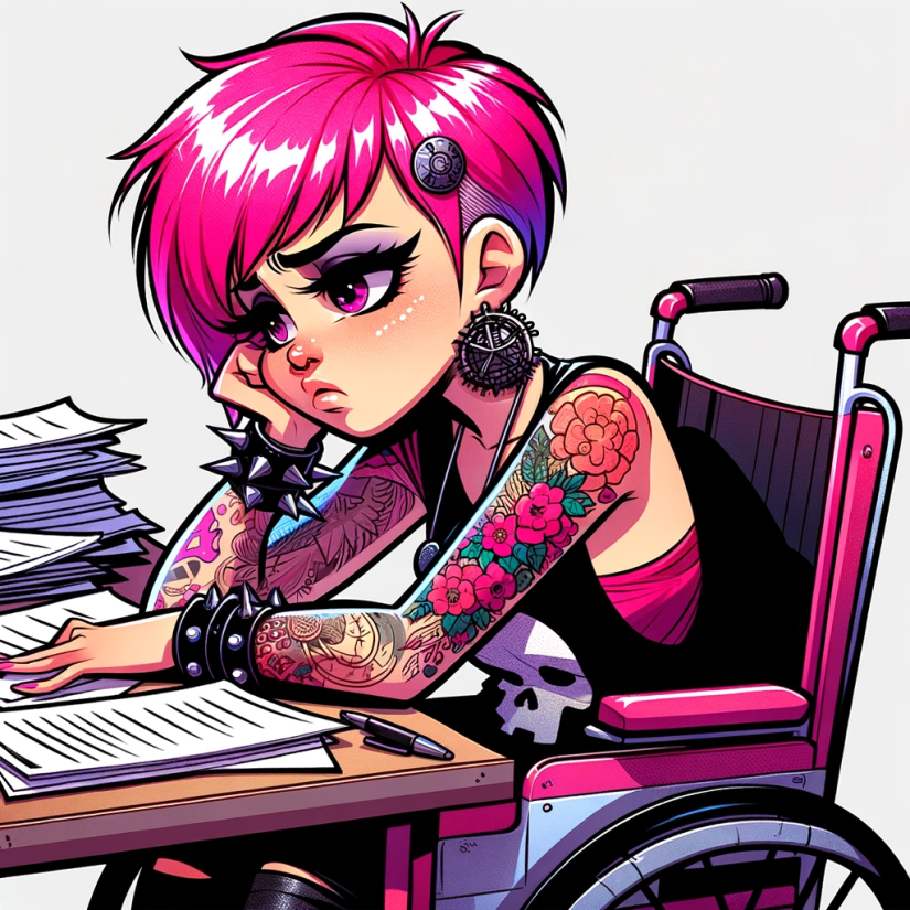 Pinkissä pyörätuolissa istuva piikkitukkainen tyttö on pöydän ääressä ja nojaa käteensä tympääntyneen näköisenä. Hänen edessään on pino papereita.