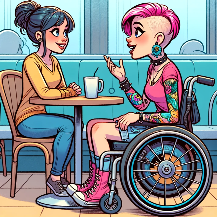 Vammainen ja vammaton nainen istuvat toisiaan vastapäätä kahvilassa ja keskustelevat.