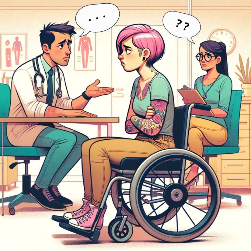 Piirroskuva. Pyörätuolia käyttävä nainen on lääkärin vastaanotolla, jossa lääkäri yrittää kokoajan puhua hänen avustajalleen. 