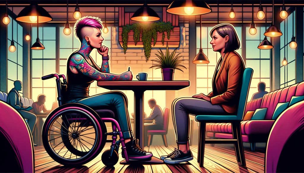 Tekoälyn avulla tehdyssä sarjakuvatyylisessä kuvituskuvassa tatuoitu pinkkihiuksinen nuori nainen pyörätuolissa haastattelee potentiaalista avustajaa kodikkaassa kahvilassa.