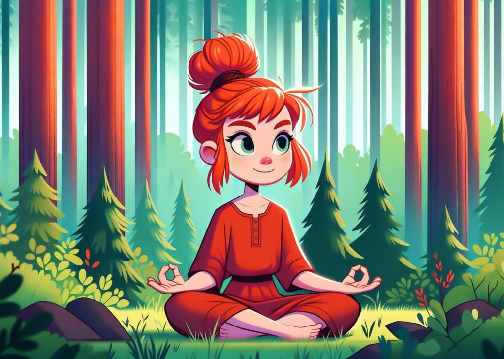 Tekoälyn avulla tehdyssä sarjakuvamaisessa kuvituskuvassa nuori, punahiuksinen nainen istuu rauhaisassa metsässä meditoimassa.